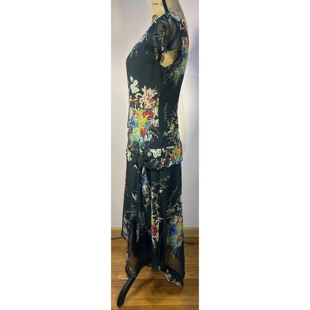 Dress Sz 6 Black Floral Asymmetrical Hem Drop Waist Whimsy Fairy Romantic - Picture 7 of 10